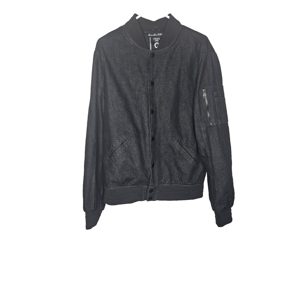 Fried Jeans Black Denim Bomber Jacket Men's Size L Zip Pocket Streetwear Casual